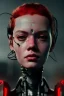 Placeholder: Beautiful portrait of red girl robot, post-apocalypse cybernetic in a cyberpunk city, sci-fi fantasy style, 8k,dark