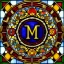 Placeholder: round coaster of letter M with stained glass window effect, highly detailed, intricate, warm colors, stained glass window, glossy from rain, warm lighting, dramatic lighting