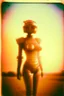 Placeholder: steampunk, vintage analog polaroid of a woman robot, female body, fog, lomography, heavy film grain, sunset, color bleed, depth of field, bokeh, retro