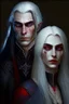 Placeholder: A couple, from the dnd game curse of Strahd. The woman is beautiful, has long white hair and blue eyes, the man has LONG BLACK hair and red eyes, no facial hair.