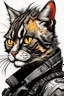 Placeholder: create a wild caricature of a grizzled streetwise cyberpunk female mercenary cat highly detailed with refined feline features in the caricature style of Gerald Scarfe and Ralph Steadman, precisely drawn, boldly inked, vividly colored, 4k