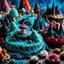 Placeholder: Close-up photograph of detailed creepy landscape made of cake-frosting and felt, crystallizations, figure, animals, fungi, crystals, mineral concretions, sun, Amano, Roger Dean, strong texture, intricate, colours, Max Ernst, rich moody colors, bokeh, Tim Burton, Harry Potter, 33mm photography