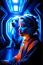 Placeholder: portrait of dog on a karate girl in the style of giger, spraypaint, photorealism, trending on artstation, 8k, depth of field, downlight, lightrays, volumetric, white hall in spaceship, blue and orange