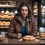 Placeholder: Hyper realistic woman, soft athletic build, Caucasian, Paris bakery, sitting at table inside, cozy jacket, looking at camera, dark brown hair
