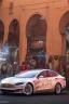 Placeholder: A Tesla's 'Model S Plaid' is performing donuts, in 'Jemaa el-Fnaa', in Marrakesh. CINEMATIC. WIDE ANGLE LENS.