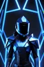 Placeholder: neon blue, floating triangle of light orbiting behind the back, cyber armor, geometric patterns on armor, male, orbiting triangle