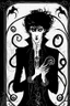 Placeholder: black haired young man necromancer wizard with gothic jewelry and tentacle fingers in the style of Aubrey Beardsley