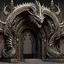 Placeholder: Expressively detailed and intricate 3d rendering of a hyperrealistic “ancient gate”: dragon detailed, shinning metal, front view, full anatomy, symetric, 4K, cosmic fractals, dystopian, dendritic, stylized fantasy art by Kris Kuksi, artstation: award-winning: professional portrait: atmospheric: commanding: fantastical: clarity: 16k: ultra quality: striking: brilliance: stunning colors: masterfully crafted.