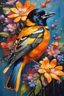 Placeholder: vibrant and energetic painting featuring a Baltimore Oriole a side profile, adorned with an array of colorful flowers. The bird's eyes are detailed and expressive, capturing its lively spirit.