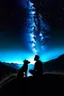 Placeholder: black background on a mountaintop and a silhouette of a fit man and a silhouette of a fit woman sitting next to each other looking at the stars, and a silhouette of a large dog sitting next to them