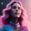 Placeholder: A portrait very beautiful woman ,smiling, longs hairs, atmospheric, realistic, cinematic lighting, octane render, pink blue light, 8k, galactic atmosphere, flowers