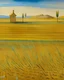 Placeholder: A beige wheat field near a prison painted by Paul Klee