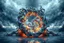 Placeholder: Dynamic complex hypnotic fractal 3D structures twisting and morphing between organic and geometric forms with Symmetry, smooth translucent iridescent glass with inner glow and bubbles, varied transparent materials, stormy skies, intense dramatic