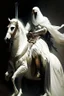 Placeholder: An Arab warrior holding two swords, sitting on horseback, wearing a white robe, strong, mysterious, frightening, fantasy, high quality