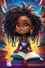 Placeholder: A sassy futurism ABSTRACT colorful art cartoon black chibi girl LOOKING DOWN, surrounded by colorful BOOKS. Looking up coyly, she grins widely, showing her Teeth. Highly detailed black shiny dread locs , regal expression.