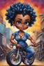 Placeholder: create an oil painting illustration of a chibi cartoon voluptuous black female wearing a blue jean outfit with a tie dye tshirt with biker boots. Prominent make up with hazel eyes. Extremely highly detail of a tight curly black bantu knots. Background of a bike show