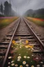 Placeholder: a train tracks in it a lot of colorful wild flowers , a train shows is coming forward , foggy, cloudy gray sky, and thunders , a side view of a dear legs stocked and it can not move
