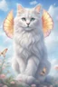 Placeholder: fantasy. a big happy cat with soft fluffy colored fur and translucent wings like a butterfly flies across a realistic sky. clear details.