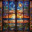 Placeholder: mesmerizing stained-glass four panel window depicting daytime, twilight, midnight and sunrise, mosaic with defined tiles, ultra hd, realistic, vivid colors, best quality, fragile, dynamic, transparency, photorealistic