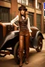 Placeholder: young woman with straight shoulder-length hair, dressed in brown leather trousers and waistcoat, leather gloves and a fascinator in an old industrial courtyard, next to a steampunk steam car on a summers day