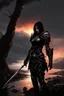 Placeholder: A formidable warrior girl in black armor, on the background Amazing gloomy landscape, flooded with sunset, mountains, trees, fabulous scary hero, , juicy emotions, painting, dark fantasy, bad weather, gloomy day, dark world, by James Paick