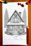 Placeholder: coloring page of a Christmas drawing, A4, white background, black and white, magical style, dreamy, detailed, easy drawing, christmas house