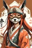 Placeholder: A teenage samurai girl wearing a Kitsune wood mask. She is wearing Japanese post-apocalyptic clothing.