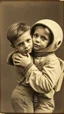 Placeholder: An old picture style of white and brown and very bad quality old Kodak camera with cracks of a beautiful boy hugging an Alien who is wearing a space suit, the year 1900