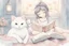 Placeholder: cute chibi cat mother reads a fairytale book to his baby kitten in a bed, flower tapestry, in a bedroom in candlelight, S<AI, watercolor and black ink outlines, soft, shading strokes, light pastel colors, ethereal, cinematic postprocessing, bokeh, dof