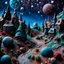 Placeholder: Detailed creepy landscape made of modeling clay, village, stars and planets, Roger Dean, naïve, Tim Burton, strong texture, Ernst Haekel, extreme detail, Max Ernst, decal, rich moody colors, sparkles, bokeh, odd, giant boy as a background