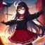 Placeholder: Clear focus,High resolution,High quality, Smiling, Black hoodie with a red collar, Wearing a red skirt, Wearing black long socks, Black Long hair with a ahoge, Red eyes, Wearing black gloves