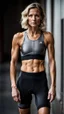 Placeholder: photography of a beautiful anorexic woman, grey satin triathlon top, sports illustrated, blond short wavy bob haircut, pronounced sternum, flat chest, anthracite cycling leggins