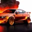 Placeholder: full view of detailed phong shaded rendering of a car made of molten lava