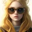 Placeholder: Girl with long wavy brown blond hair, yellow eyes. Wears Hogwarts Hufflepuff uniform, sunglasses with a yellow clip. She has a snowy owl with yellow eyes on her shoulder.