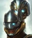 Placeholder: metallic robotic warrior helmet portrait, samurai style, shiny, glass cover, glowing eyes