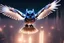Placeholder: mechanical owl flying over a city, spread wings, starry sky, amber, metallic colors, cyberpunk, 8k, highest quality, smooth, sharp focus, illustration, digital painting, highly detailed, epic composition, cinematic, beautifully lit, artstation hq, behance hd, trending on artforum, dreamlike