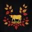 Placeholder: an autumn colored textured cloth embroidered ornamental leaves and cattle, pointed bottom, on dark background, american/canadian western style