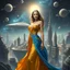 Placeholder: A breathtaking cosmic fantasy scene featuring a stunningly realistic beautiful woman with a perfect face and sculpted figure standing gracefully at the center of a floating CIFI town with Space craft landed over it. Surrounding her are CIFI buildings in deep space. She wears an elegant flowing gown in vibrant gold and blue hues that billow around her perfect form.