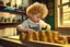 Placeholder: a curly-haired blond boy counts money and stacks gold coins in a modern nursery, in sunshine