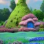 Placeholder: Pixar studio ghibli gnome mushroom cottage blue roof with blue flowers door, hydrangeas around house hills fantasy land beautiful flower landscape alien world pink puffy trees, stylized painting, 3d 4k octane render.