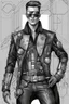 Placeholder: fashion illustration, sketches, futuristic man fashion, microchip designe shirt, black leather pant with silver accessories and belt buckle, steampunk and cyberpunk mixed style, sci-fi fashion style