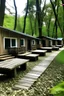 Placeholder: 5 cabins on the left and the right with a center walkway and a backyard deck with a outdoor kitchen