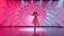 Placeholder: modern stage with a beautiful lady in modern clothing dancing, 3D recursive fractal structure animating background