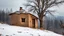 Placeholder: a lonely old adobe hut with worn adobe brown-gray wall and a small window, a crumbling roof, an old chimney stands on a hill, next to it is a small woodshed by the wall, and an old withered tree leans over the hut on thr old tree sitting a black crow, the hut stands on the edge of a European forest, winter, snowy landscape, low light, dawn, snow, high detailed, sharp focus, high realistic, perfect photo