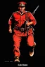Placeholder: Cuban soldier(uniform and face based on racist steriotypes) running towards viewer, a knife i one hand, and a gun(barrel pointing at viewer) in the other. retro 1960's poster monochrome with white background