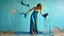 Placeholder: a woman in acrylic paint, pouring paint on herself in the style of an artistic dress, full figure in a natural setting, a ruined sky blue wall, photo, intriguing colors, paint pain with prompts