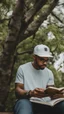 Placeholder: A man wears a white Dad Hat and wears glasses and is busy reading with a tree behind him, high resolution, and the image focuses on the Dad Hat