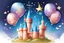 Placeholder: a sparkling star, a castle, elements like balloons and confetti. children book style illustration. realistic