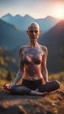 Placeholder: spray paint, body with dark outline, portrait of bald witch as yoga Vampire stretching in the sun with psychedelic tattoos in carpathians montains sun set ,bokeh like f/0.8, tilt-shift lens 8k, high detail, smooth render, down-light, unreal engine, prize winning