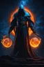 Placeholder: the hatefull sorcerer known as The Shadow of Death carrying the staff of death and destruction. blue and orange. fantasy art, Cinematic lighting, Volumetric lighting, Epic composition, octane render